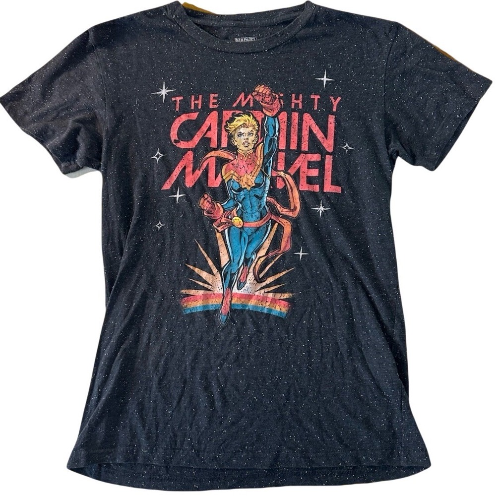 Marvel Captain Marvel Graphic Tee Black Speckled Comic Book Superhero Shirt